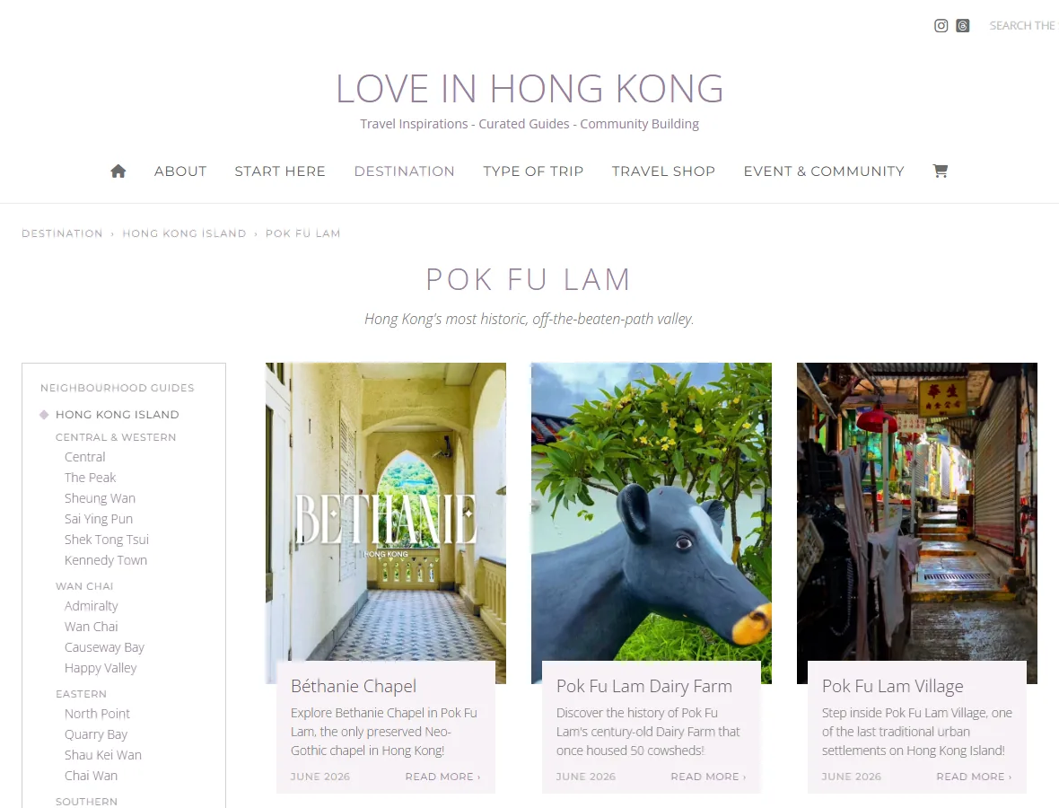 The Pok Fu Lam page of the Love in Hong Kong site in progress, with reel cards and the neighbourhood list